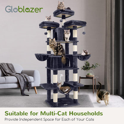 Globlazer Big Cat Tower for Indoor Cats, 80inch Cat Tower for Multiple Adult Cats XXL Cat Tree with Scratching Post, Hammock, 3 Perches, 2 Condos, 2 Hanging Basket, F80, Dark Grey