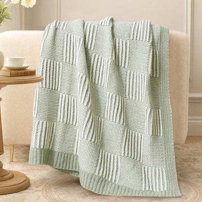 Amélie Home Chenille Knit Throw Blanket for Couch, Checkered Texture Decorative Soft Blanket for Sofa, Bed & Living Room, 50"x60", Sage Green & White