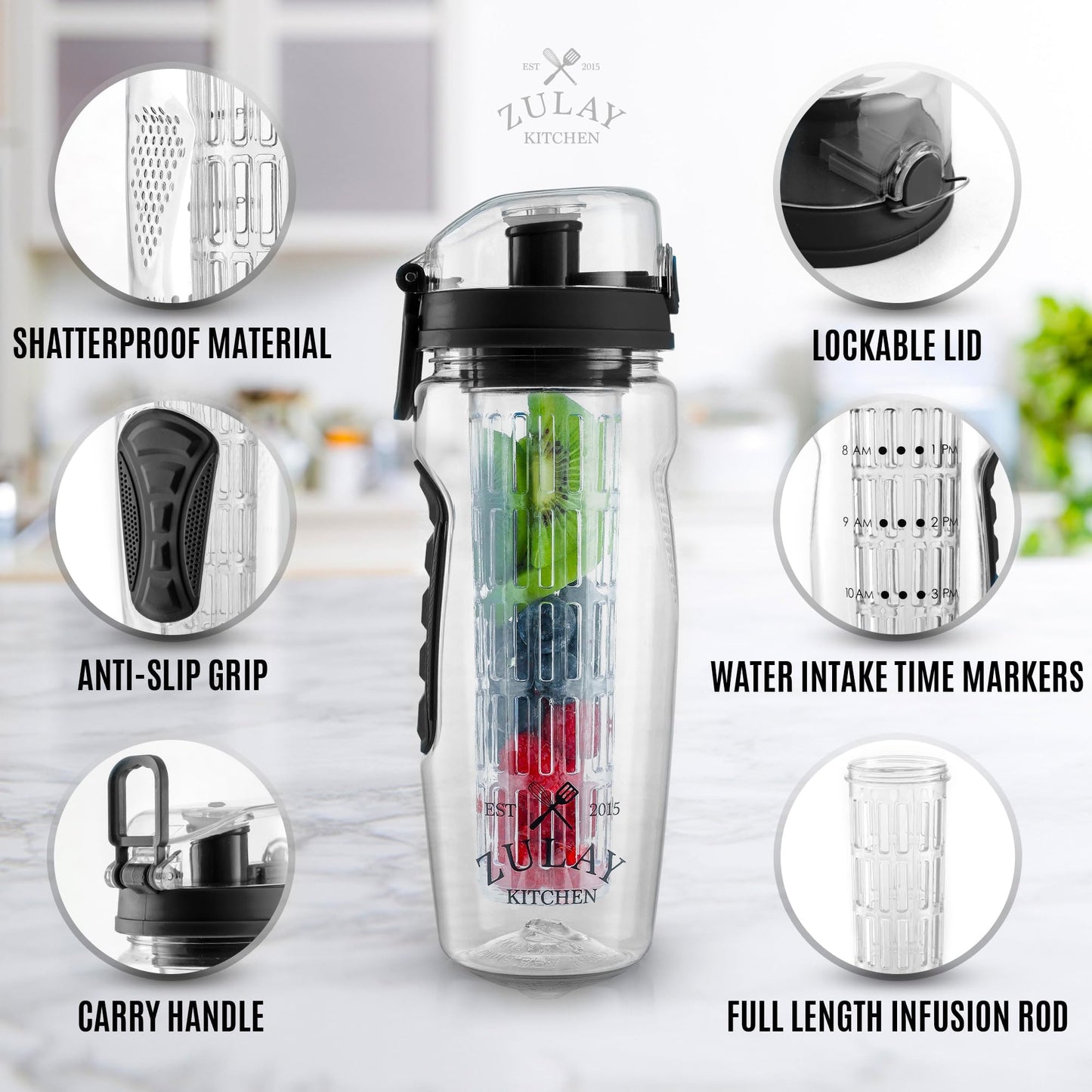 Zulay Fruit Infuser Water Bottle - 34oz - Leakproof With Full-Length Infusion Rod - Men Women's Ideal Fitness Gift Or For Gym, Camping - Black