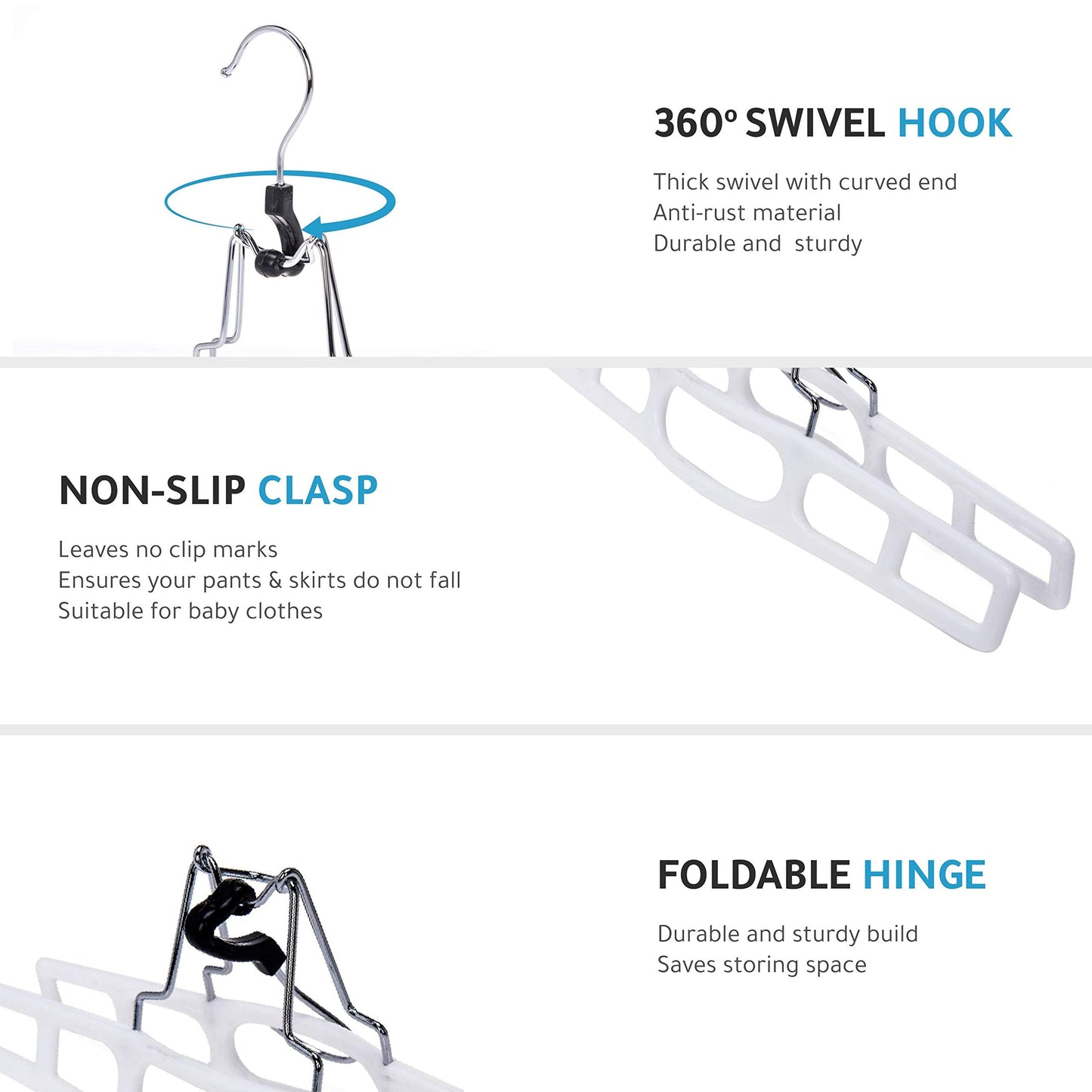 Quality Hangers 10 Pack Premium Skirt Hangers - Thin Space Saving Pant Hangers Set with Clamp, Shorts Hangers with Heavy Duty Locking Clasp, Multipurpose Jean Hangers Set - White