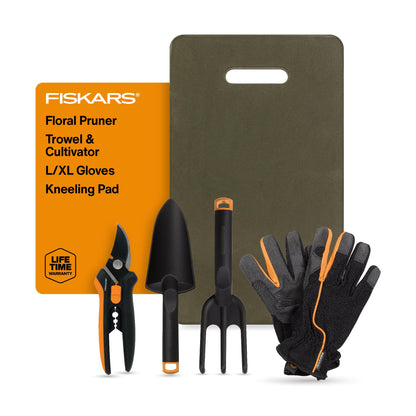 Fiskars Flower Gardening Tool Gift Set with Floral Pruner, Trowel, Cultivator, Garden Gloves, and Ultra-Light Kneeling Cushion for Outdoor Use (5 Piece Kit)