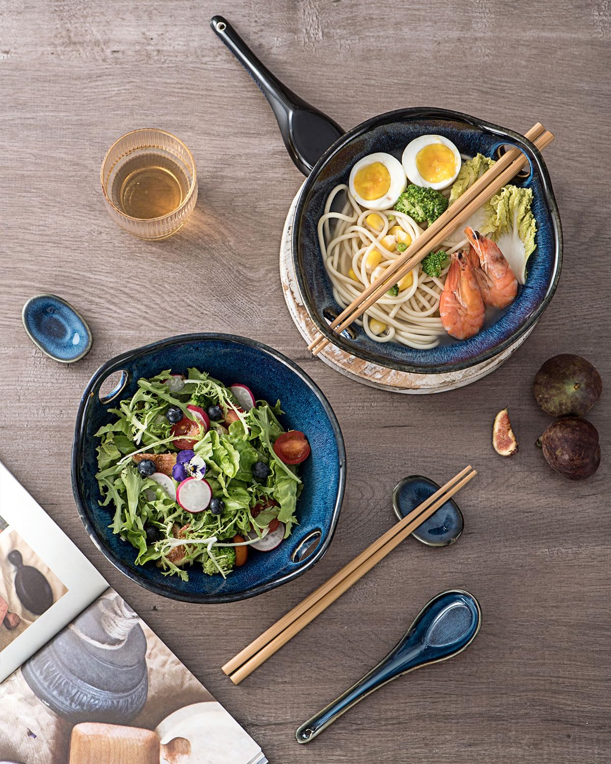 UNICASA Japanese Ramen Bowl Set with Chopsticks, Spoons and Rests, 26oz Deep Porcelain Noodle Bowl Set of 2 for Udon, Pho, Salad, Soup (Reactive Blue)