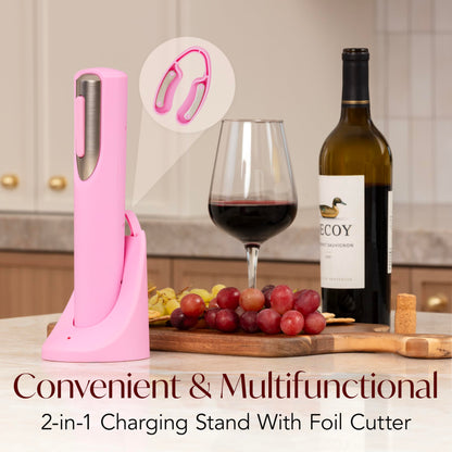 Rechargeable Electric Wine Bottle Opener - Charging Base and Foil Cutter Included with Automatic Wine Opener - Electric Corkscrew for Easy Cork Removal - Best Gift for Wine Lover (Pink & Silver)