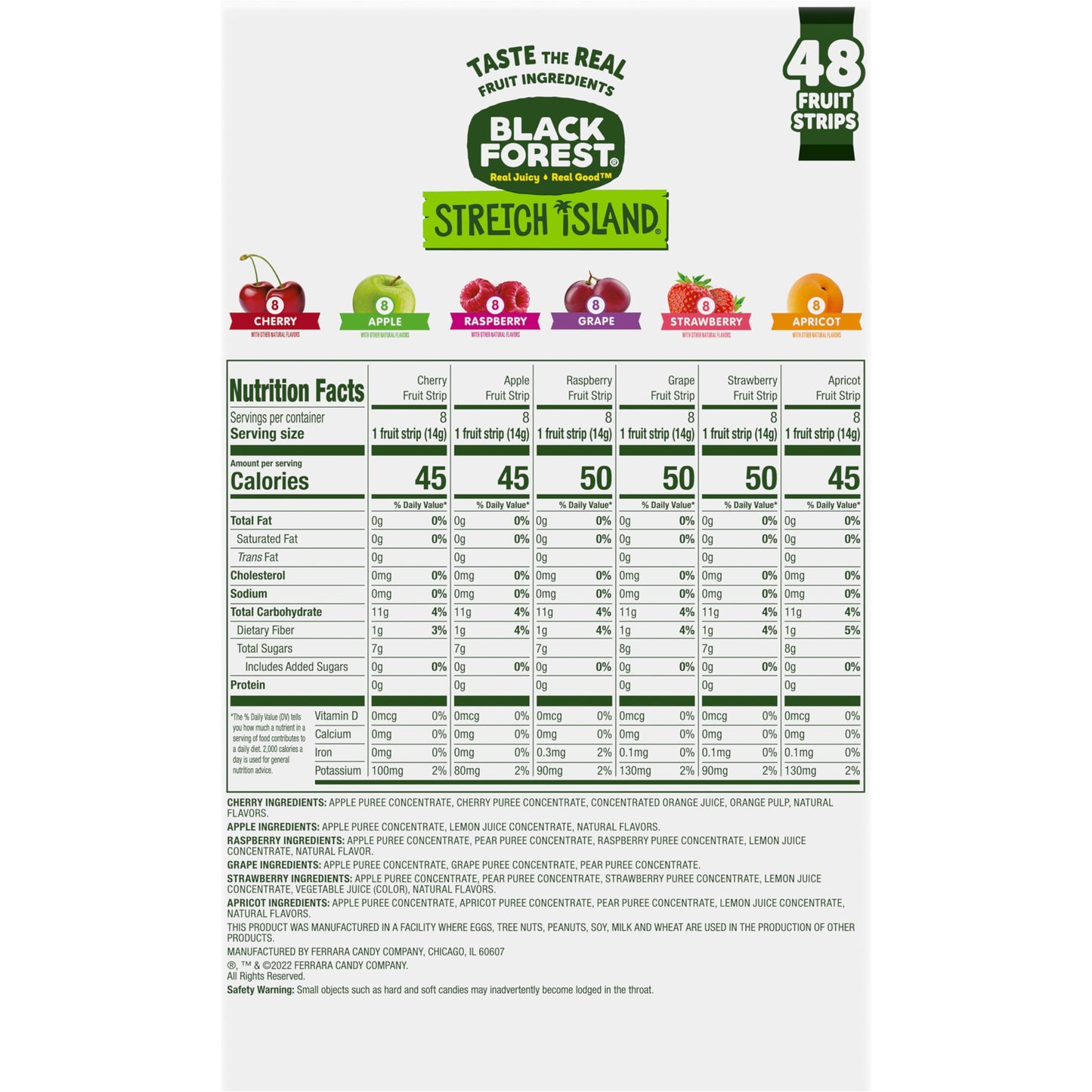 Black Forest, Stretch Island, Fruit Strips, Cherry, Apple, Raspberry, Grape, Strawberry, and Apricot, Zero Grams Added Sugar Non-GMO, 48 ct