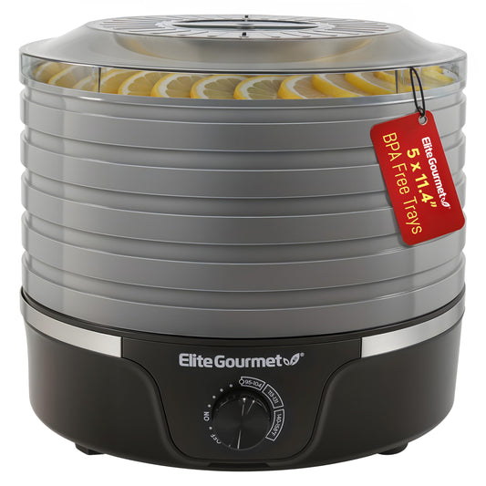 Elite Gourmet EFD319BNG Food Dehydrator, 5 BPA-Free 11.4" Trays Adjustable Temperature Controls, Jerky, Herbs, Fruit, Veggies, Dried Snacks, Black and Grey, 5 Trays
