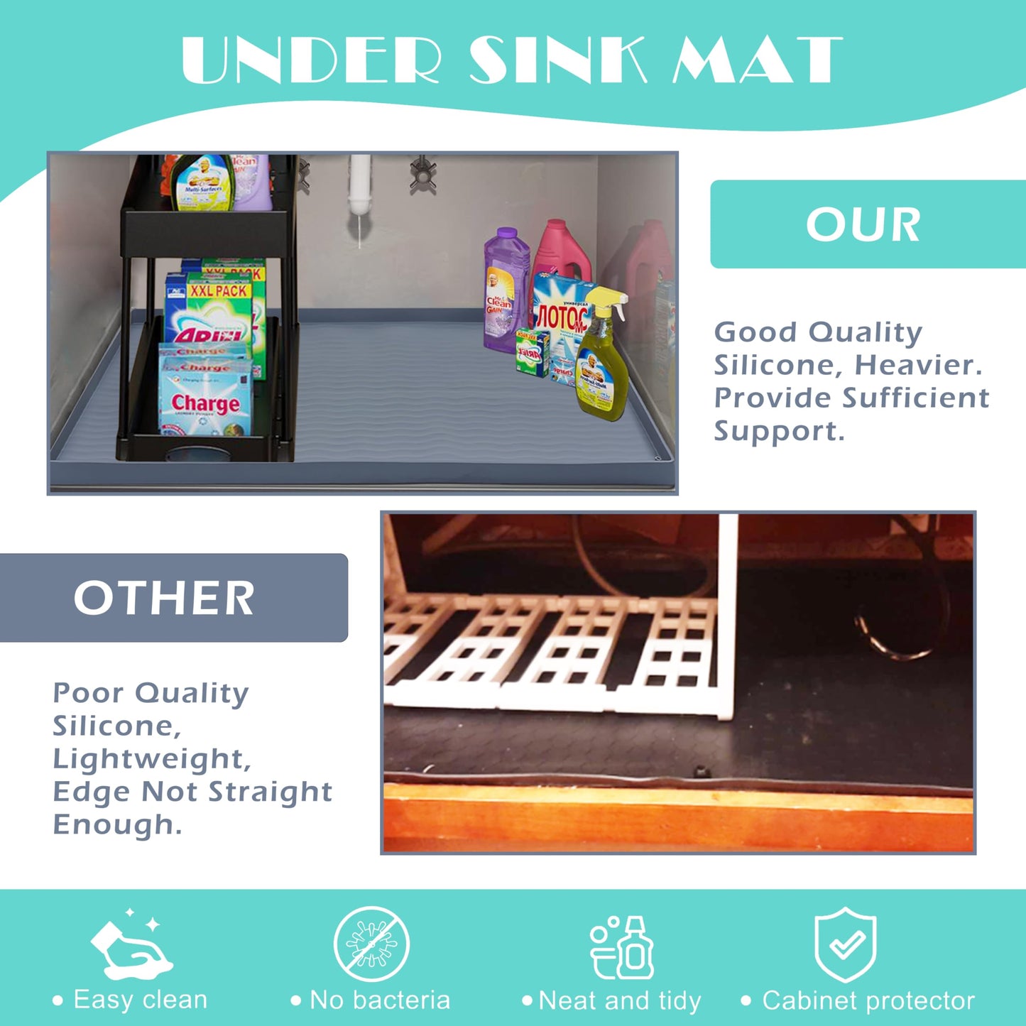 URMONA Waterproof Silicone Under Sink Mat 31'' x 22'' Shelf Liner for Kitchen and Bathroom, Cabinet and Counter Protector, Storage and Organizers, Litter Mat, Pet Cat Puppy Essentials(Dark Grey)