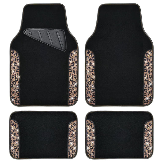 CAR PASS Bling Diamond Car Floor Mats, Shining Rhinestone Carpet Sparkly Glitter Crystal with Anti-Slip PVC Heel Pad Waterproof Universal Fit Automotive SUV,Sedan,Van,Cute Girl Women,4pcs Gold Leopard