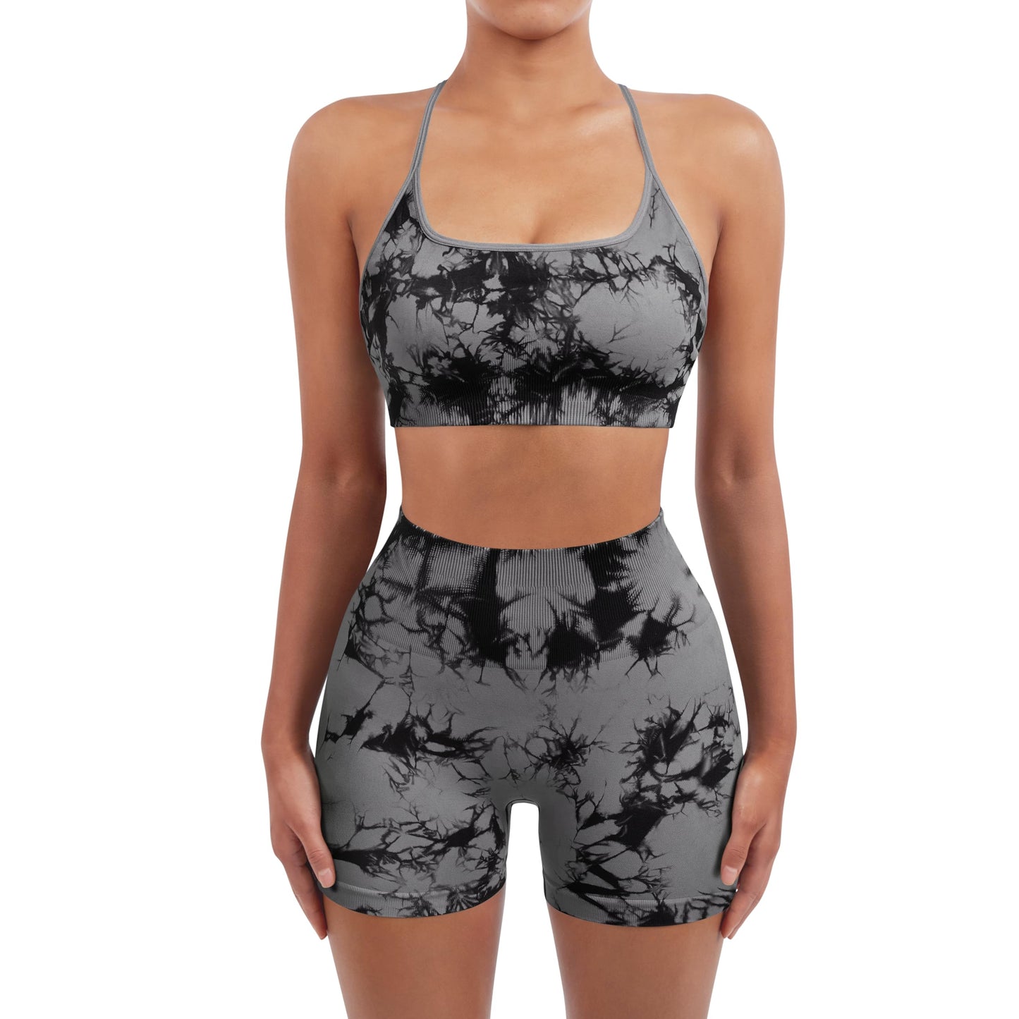 SUUKSESS Women Seamless 2 piece Workout Sets Strappy Padded Sports Bra Booty High Waisted Shorts Outfits (Black Grey,L)