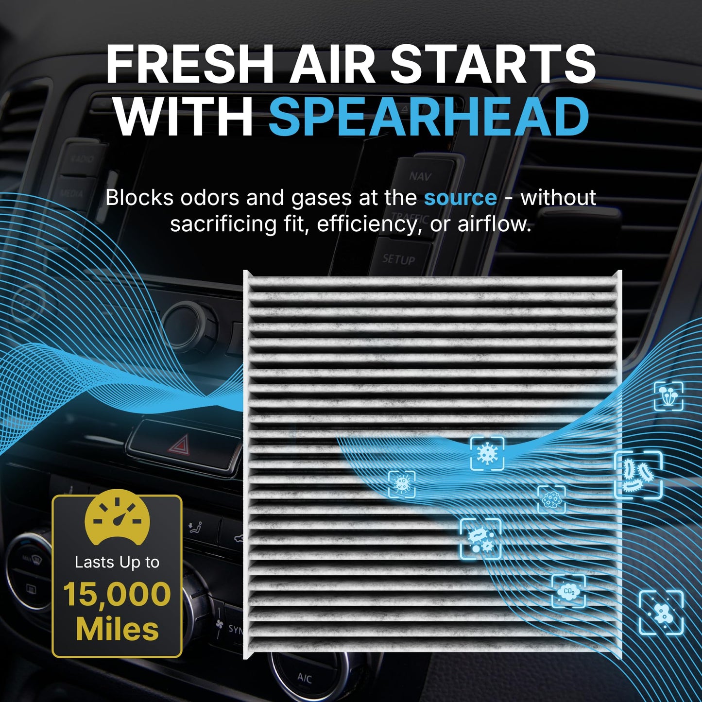 Spearhead Odor Defense Breathe Easy AC & Heater Cabin Filter | Fits 2015-17 Chrysler 200, 2014-18 Cherokee Like OEM | Up to 25% Longer Lasting w/Activated Carbon (BE-000)