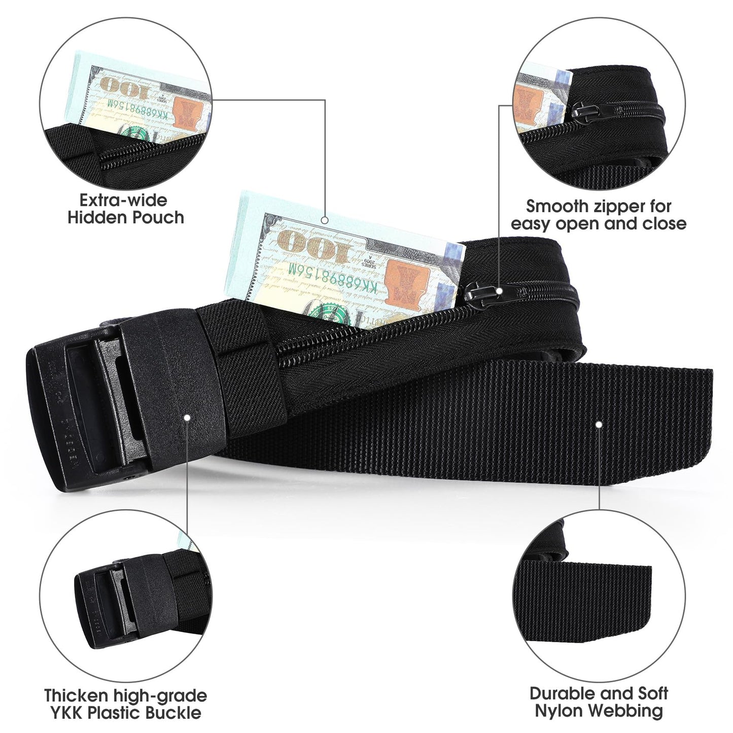 Travel Security Money Belt with Hidden Money Pocket - Cashsafe Anti-Theft Wallet Unisex Nickel free Nylon Belt by JASGOOD A-black