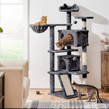 Yaheetech 57 inches Cat Tree for Indoor Cats, Multi-Level Cat Tower w/ 3 Perches, 2 Cat Condos, 2 Hanging Balls and Scratching Posts, Dark Gray