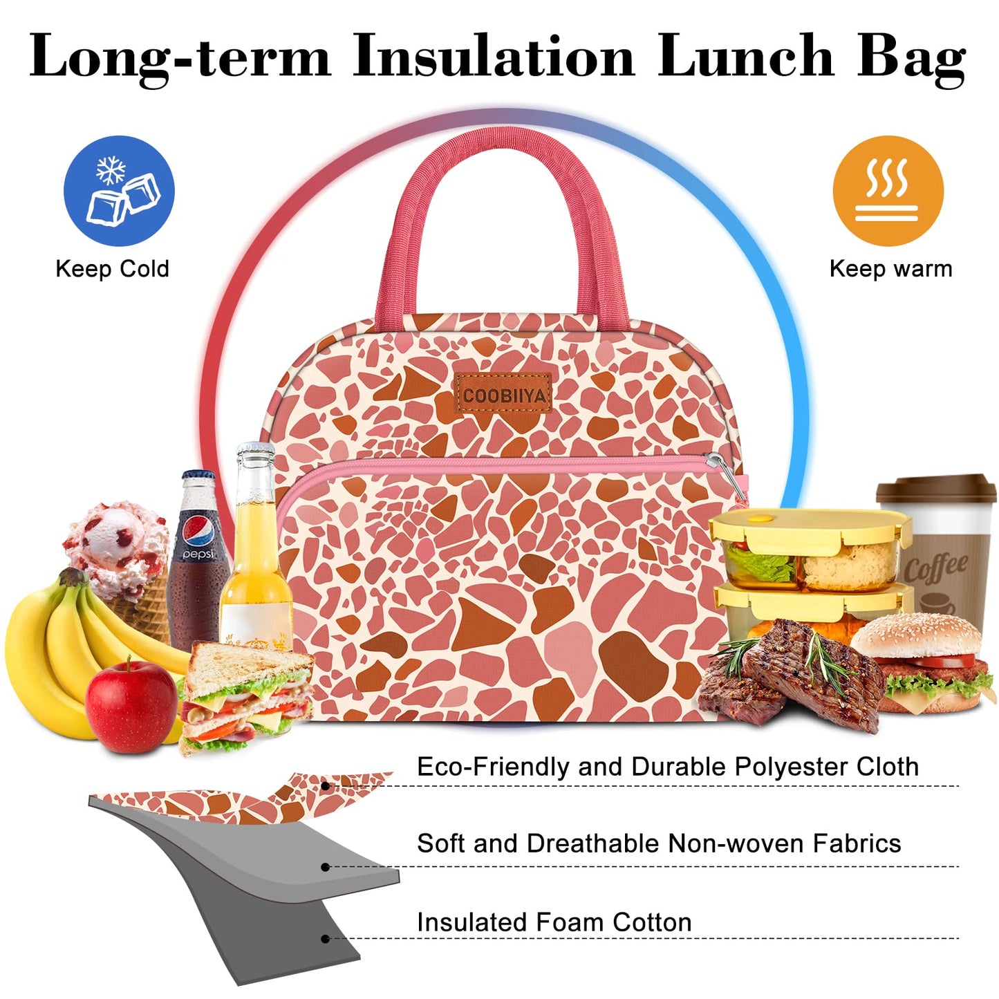 Coobiiya Lunch Bag Women, Lunch Box for Women Adult Men, Small Leakproof Cute Lunch Tote Large Capacity Reusable Insulated Cooler Lunch Container for Work/Office/Picnic/Travel-Pink Leopard
