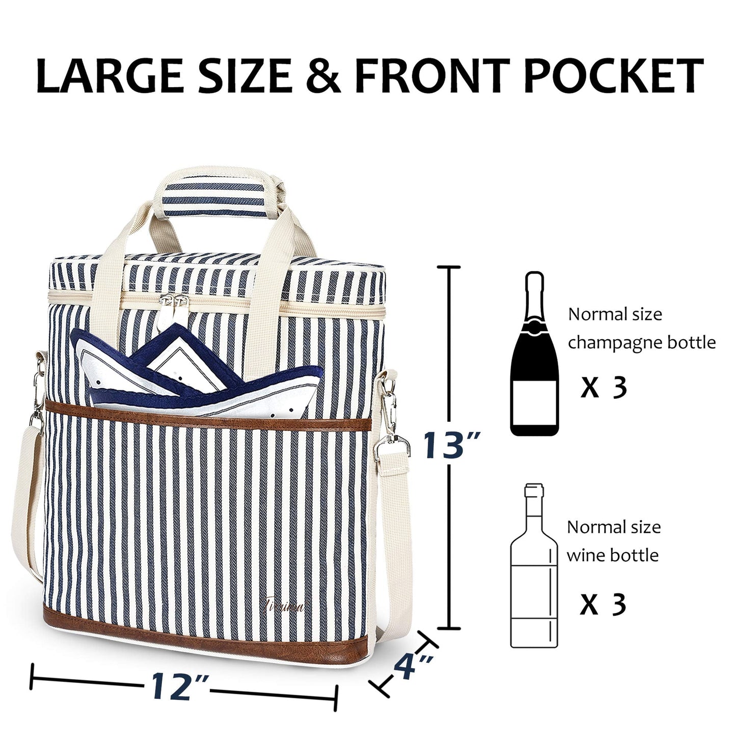 Tirrinia Insulated Wine Gift carrier - 3 Bottle Travel Padded Wine Carry Cooler Tote Bag with Handle and Adjustable Shoulder Strap, Stripe