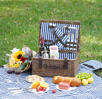 Wicker Picnic Basket for 2 with Waterproof Picnic Blanket, Picnic Set for 2 with Sand-Proof Beach Mat,Willow Hamper Service Set for Camping and Outdoor Party