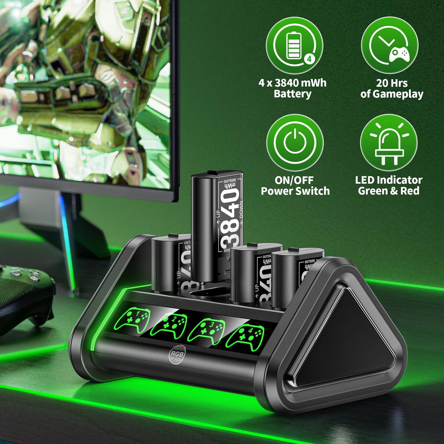 Rechargeable Battery for XboxOne/Xbox Series X|S, 4 x 3840mWh Xbox Battery, Xbox Series Battery Charger Station for XboxOne S|X /Elite Controllers