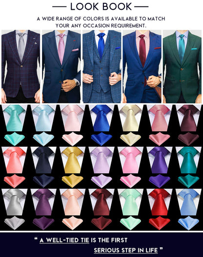 TIE G Solid Satin Woven dyed Color Formal Black Necktie and Pocket Square Sets in Gift Box (Aqua)