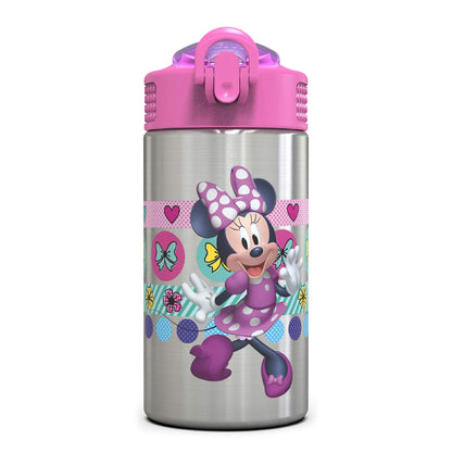 Zak Designs Disney Minnie’s Happy Helpers - Stainless Steel Water Bottle with One Hand Operation Action Lid and Built-in Carrying Loop, Kids Water Bottle with Straw Spout (15.5 oz, 18/8, BPA Free)