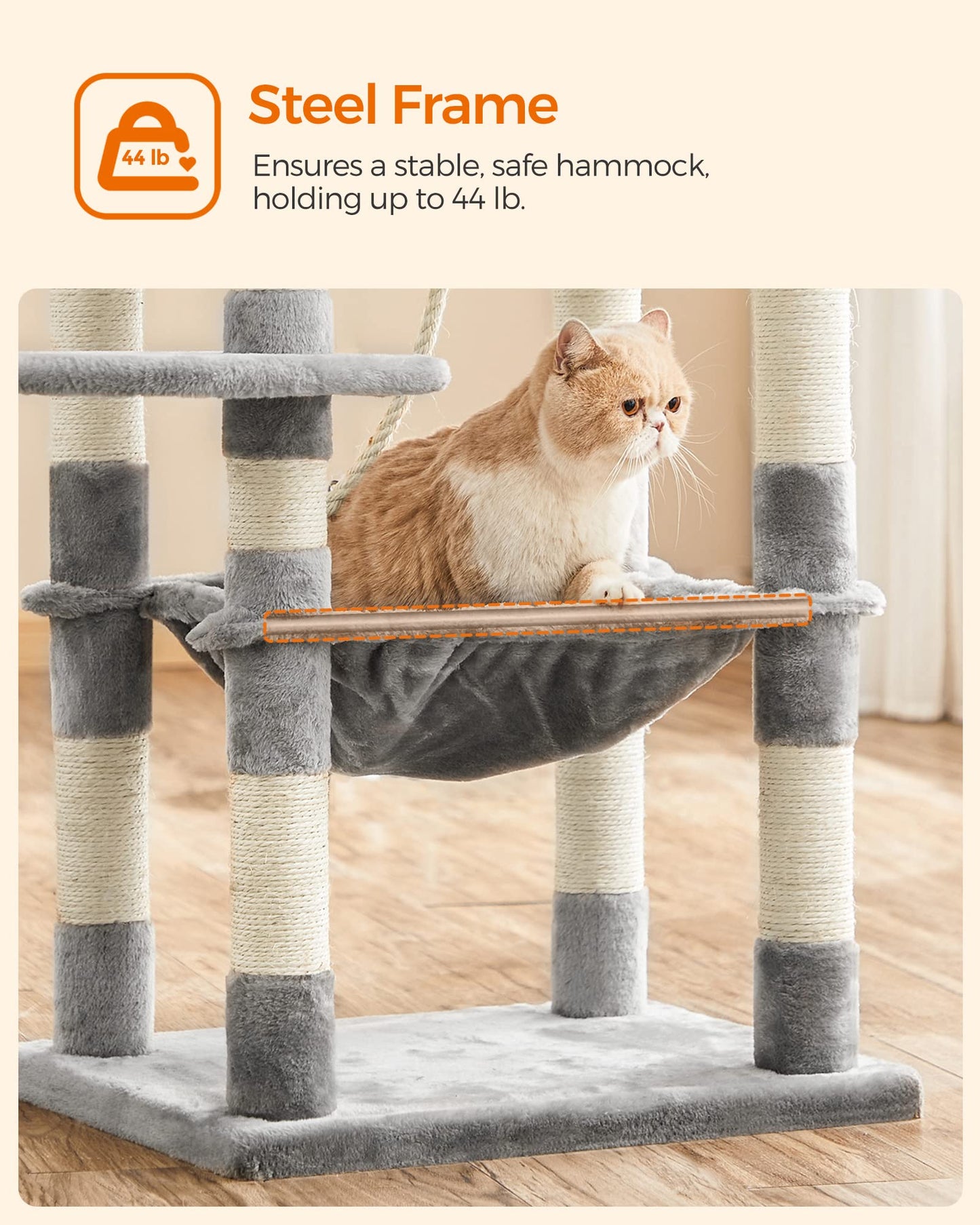 FEANDREA Cat Tree, Cat Tower for Indoor Cats, 56.3-Inch Cat Condo with Scratching Posts, Hammock, Plush Perch, Light Gray UPCT15W