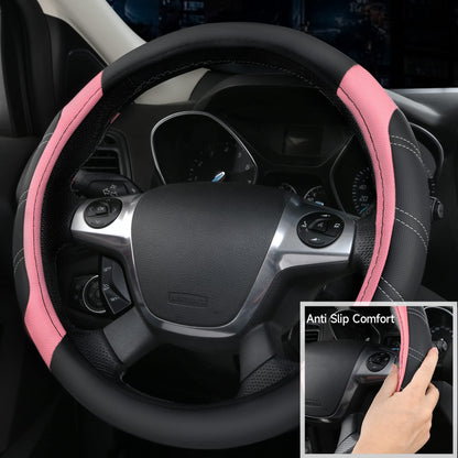 CAR PASS Microfiber Steering Wheel Cover and Waterproof Car Floor Mats,Leather Universal Car Combo Fit for 95% Truck,SUV,Cars,14.5-15inch Sporty Anti-Slip Safety Comfortable Design(Black and Pink)