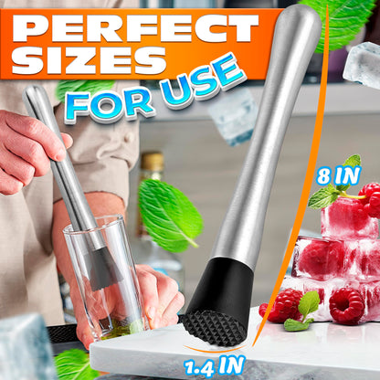 8 Inches Drink Muddler for Cocktails – Stainless Steel Muddler Tool with Textured Head, Lightweight Build – Fruit Smasher for Drinks, Mojitos, Avocado, Herbs, Spices & Ice Crushing Bar Tool for Mixing