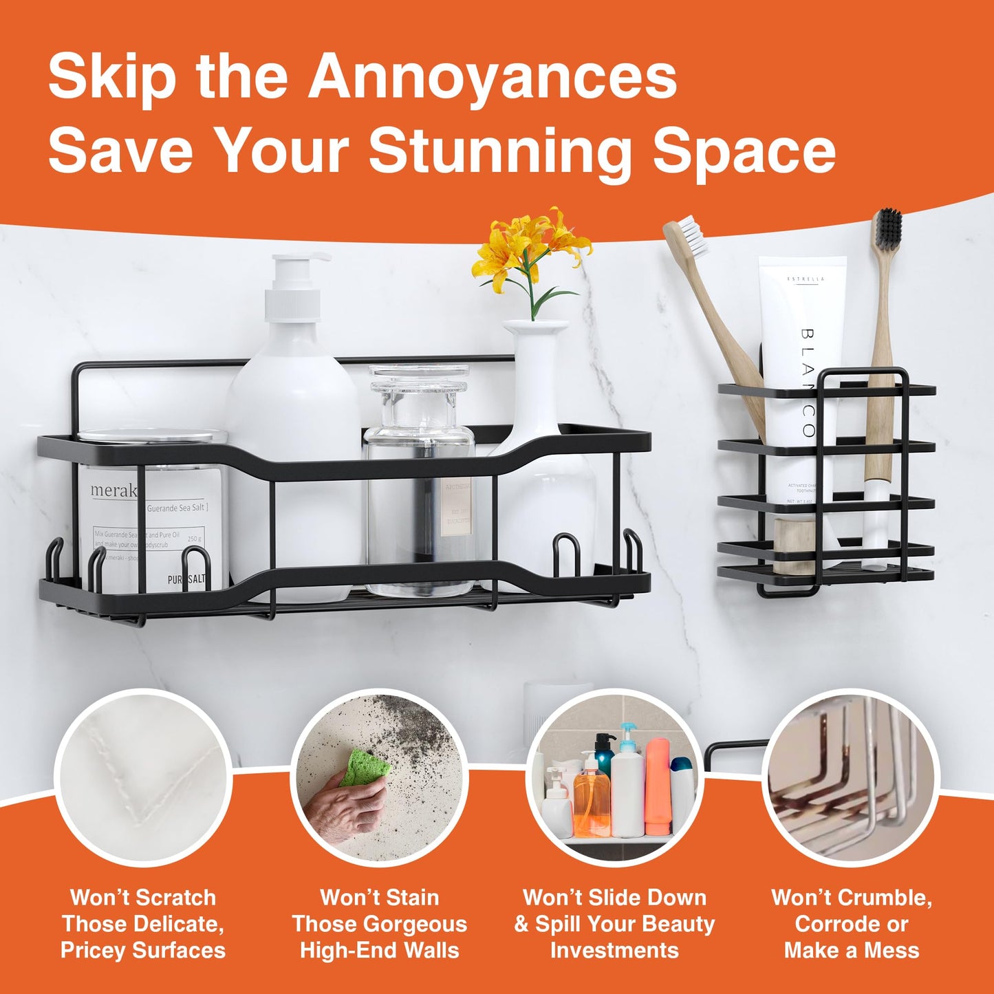 Shower Caddy Bathroom Shelves, The Athena Silken 4 Set, 40LB Capacity, Adhesive Tape No Drill - Rustproof -Gorgeous Powder Coated 304 Stainless Steel Shower Organizer for kitchen & Home Decor - Black