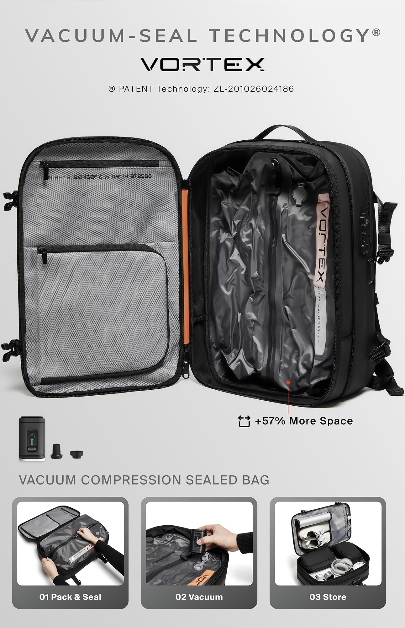 Vortex Vacuum Seal Travel Backpack 60L Expandable Air Compression System Water Resistant TSA Lock Carry-On Suitcase Luggage Black AERO - Vacuum Pump Included