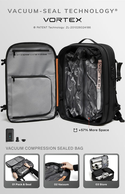 Vortex Vacuum Seal Travel Backpack 60L Expandable Air Compression System Water Resistant TSA Lock Carry-On Suitcase Luggage Black AERO - Vacuum Pump Included