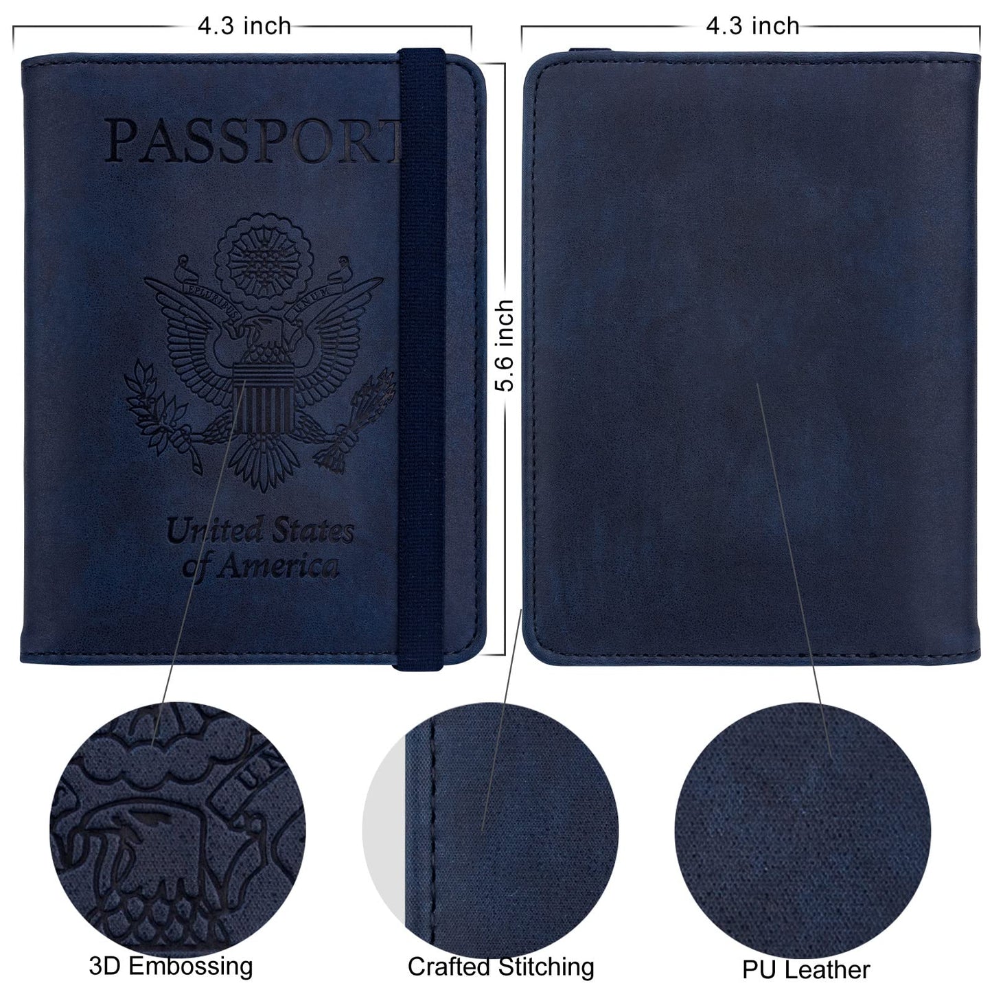 WALNEW Passport Holder Wallet, RFID Blocking Passport Cover Case PU leather Card Holder with Pen and Clear Card Slot for Women Men, Navy Blue