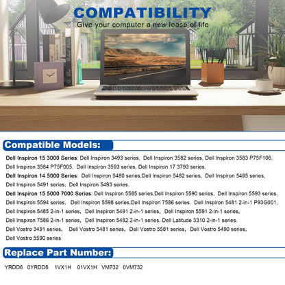YRDD6 Battery for Dell Inspiron 5591 7586 5491 5481 5482 5485 3310 2-in-1 15 3582 3583 3593 3584 5590 5593 5594 5585 5598 14 3493 5493 5480 3793 Vostro 3491 5481 5581 5490 5590 0YRDD6 01VX1H 0VM732