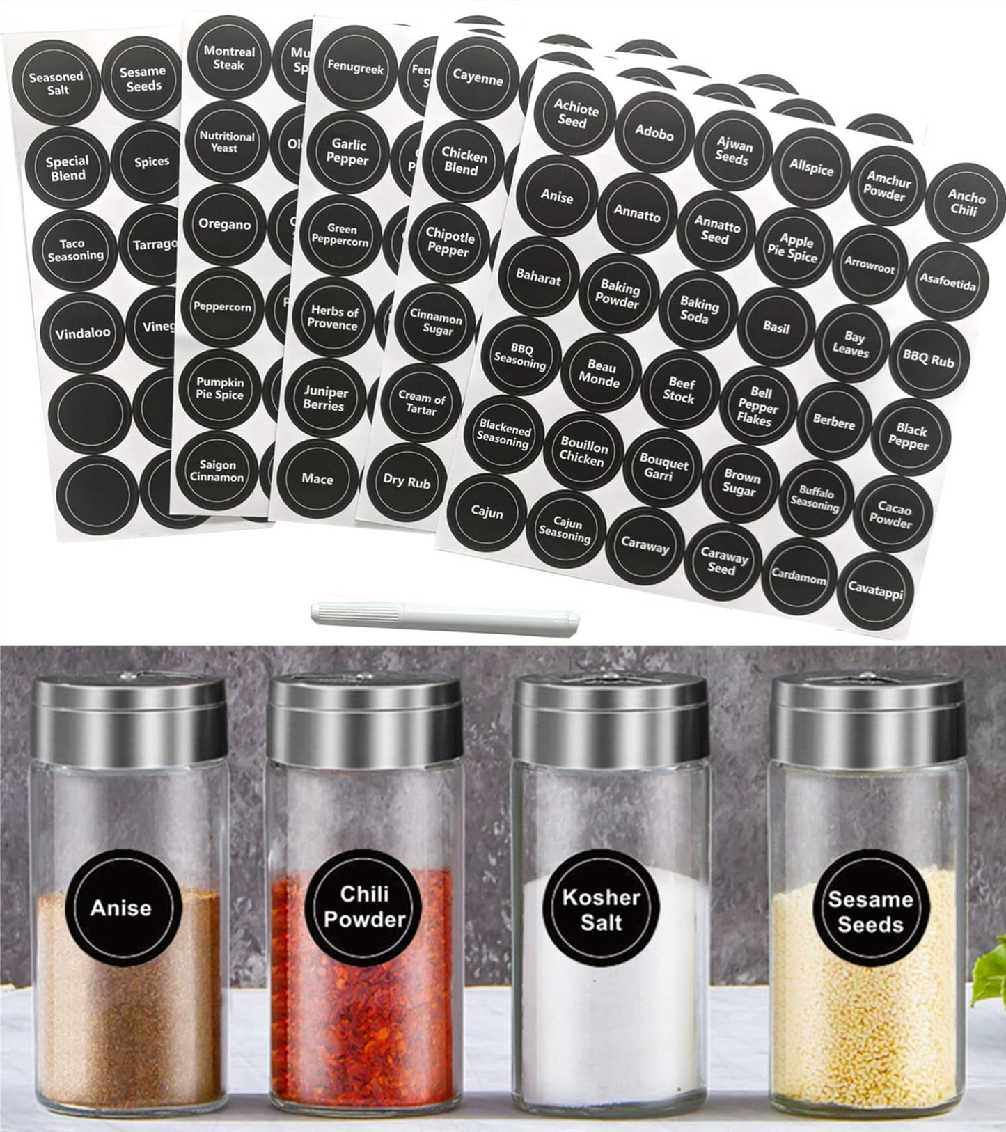 180 Spice Labels for Food Containers, Chalkboard Labels for Jars, Spice Label Stickers Herb Seasoning Kitchen Pantry Labels, Small Chalk Sticker Spice Jar Label Round 168 Printed, 1 Erasable Chalk