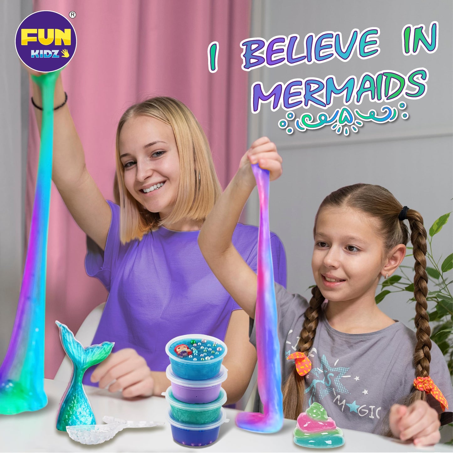 Summer Gift Mermaid Slime Kit for Girls, FunKidz Shimmer Slime Making Kit for Kids Age 8-12 DIY Soft Glitter Glossy Metallic Slime Toy