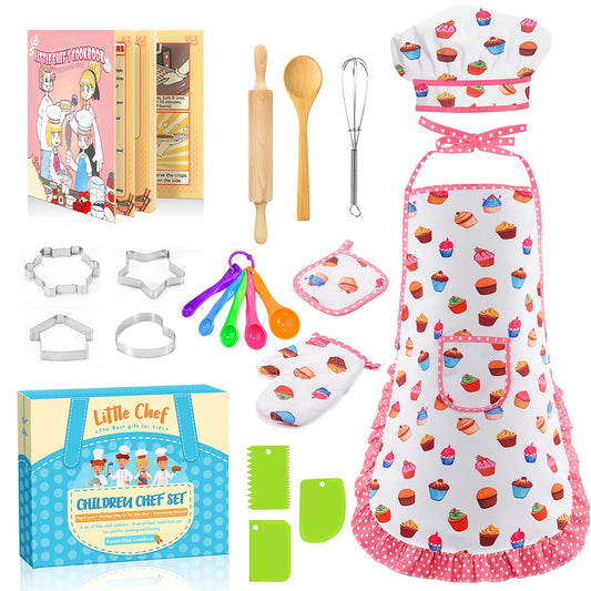 Toyze Birthday Gifts for 3-8 Year Old Girls Cute Stuff Apron for Girls Kids Cooking Sets Toddler Toys Kids Chef Hat and Apron Easter Christmas Stocking Stuffers White-with Cookbook