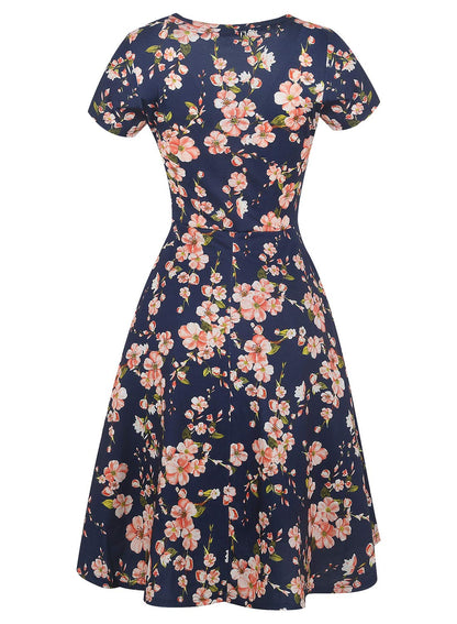 Prime Wardrobe Womens Clothing Vintage Beautiful Casual Short Sleeve Ladies Floral Fit Flare Party Cocktail Aline Swing Dress 162 (M, Navy)