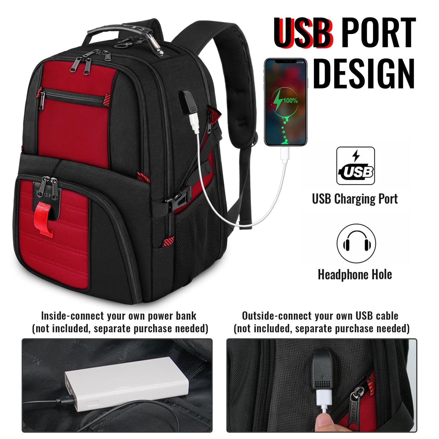 YOREPEK 18.4 Laptop Backpack,Large Backpacks Fit Most 18 Inch Laptop with USB Charger Port,TSA Friendly Flight Approved Weekend Carry on Backpack with Luggage Strap for Men and Women, Red