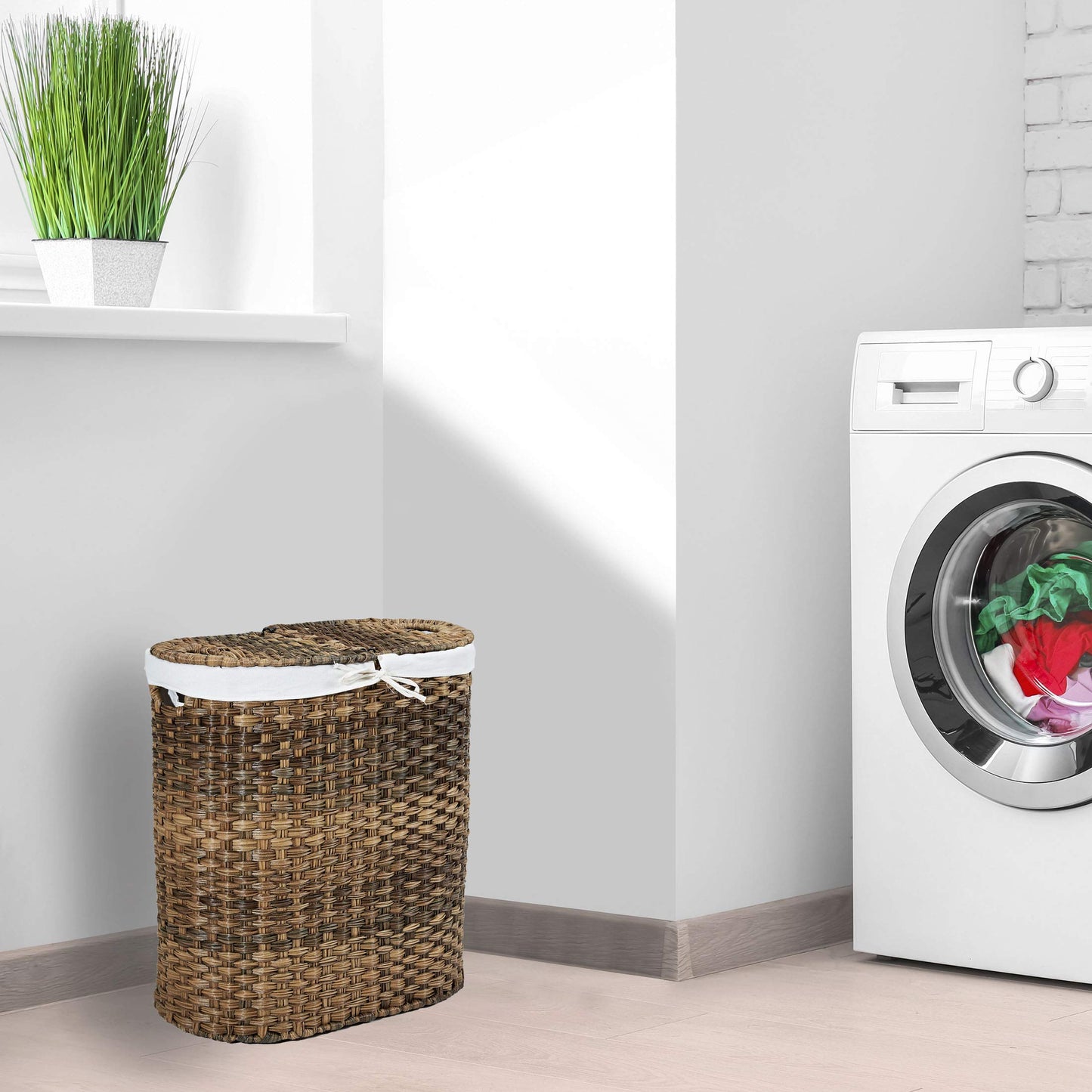 Seville Classics Premium Handwoven Portable Laundry Bin Basket with Carrying Handles, Household Storage for Clothes, Linens, Sheets, Mocha Brown, Oval Hamper