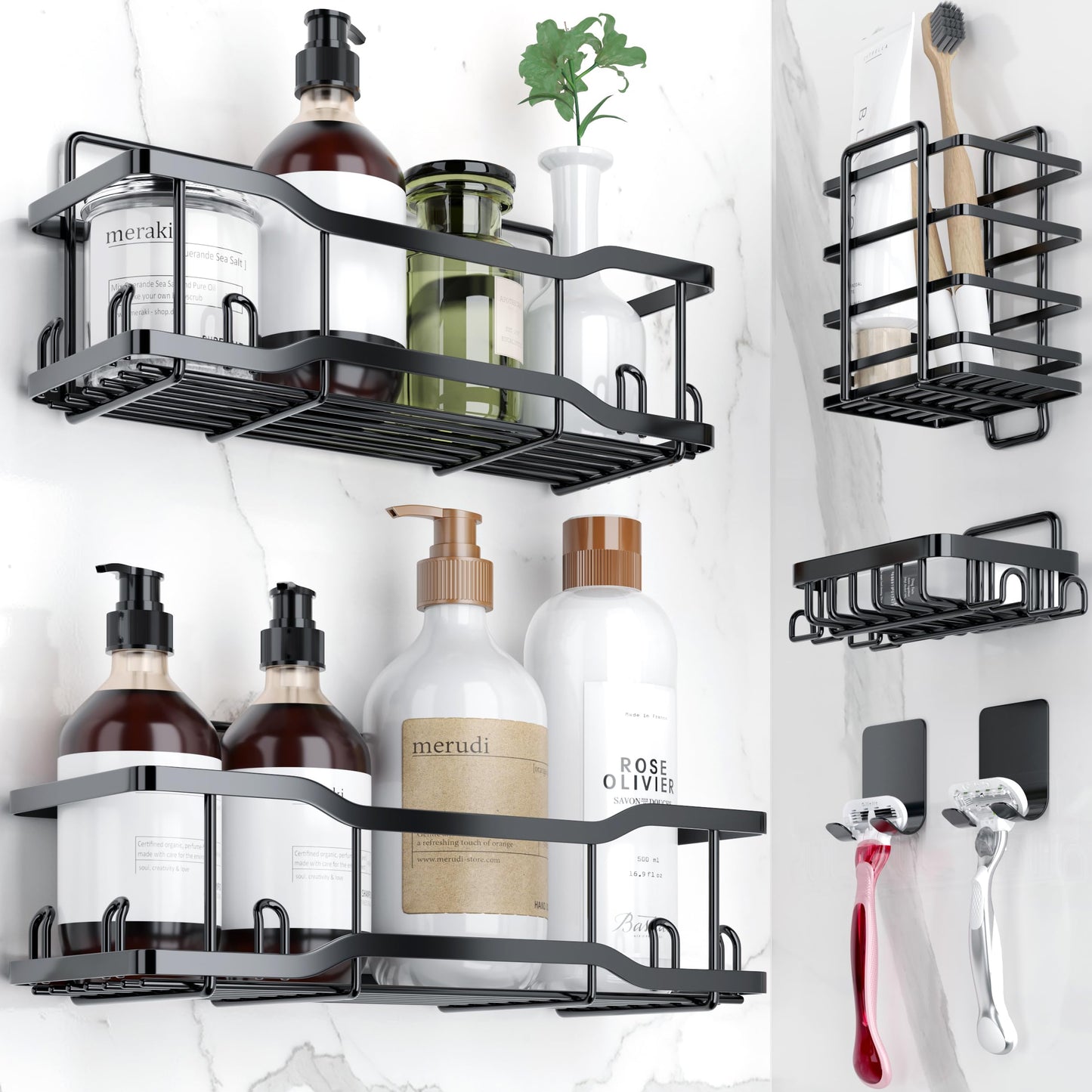 Shower Caddy Bathroom Shelves, The Athena Silken 4 Set, 40LB Capacity, Adhesive Tape No Drill - Rustproof -Gorgeous Powder Coated 304 Stainless Steel Shower Organizer for kitchen & Home Decor - Black