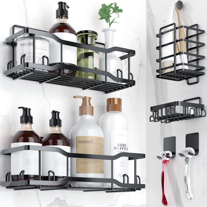 Shower Caddy Bathroom Shelves, The Athena Silken 4 Set, 40LB Capacity, Adhesive Tape No Drill - Rustproof -Gorgeous Powder Coated 304 Stainless Steel Shower Organizer for kitchen & Home Decor - Black