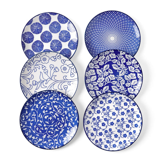 Selamica Ceramic Dessert Plates Set of 6, 6 Inch Appetizer Plates for Kitchen, Microwave & Dishwasher Safe, Vintage Blue