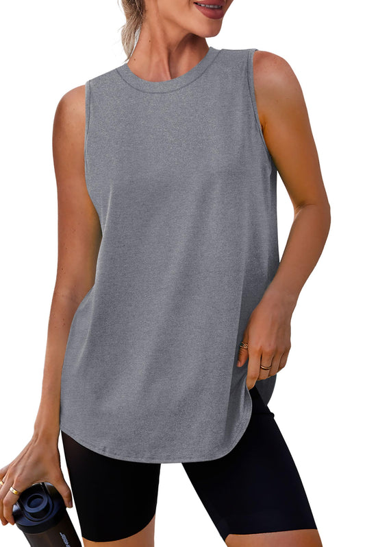 Workout Tops for Women Round Neck Tank Tops Yoga Shirts Athletic Running Tank Tops Sleeveless Gym Clothes Grey M