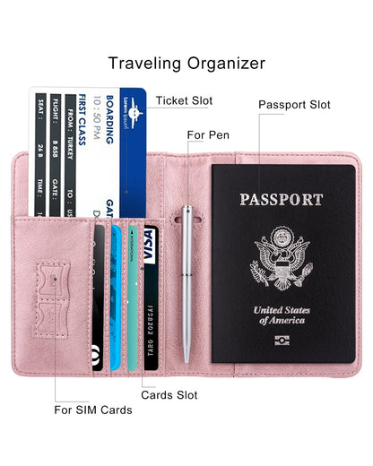 WALNEW Passport Holder for Travel, RFID Passport Cover Wallet for Women Men, PU Leather Passport Book Card Holder Case with Pen, Travelling Essentials for Flying