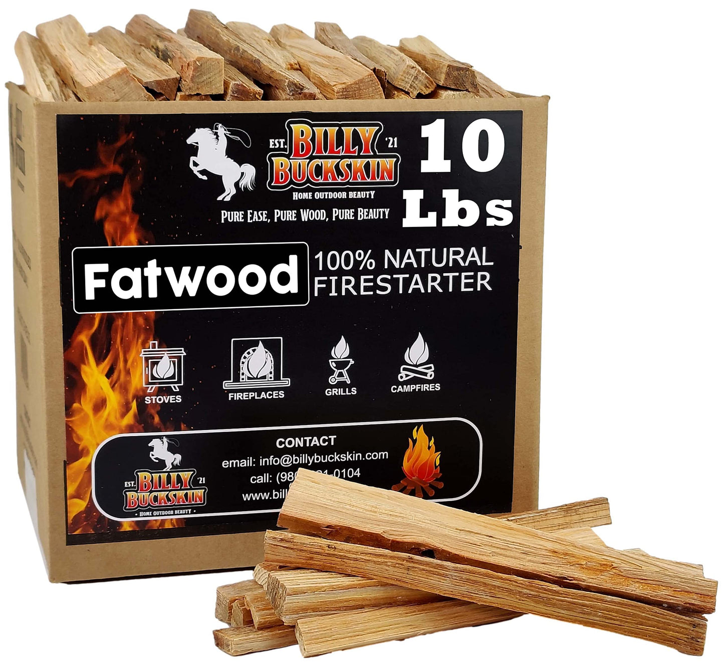 10lb Fatwood Fire Starter Sticks | 100% Natural Fire Starters for Campfires, Firepit, Fireplaces, BBQ, Wood Stoves | Easy Ignition w/Just 2 Sticks | Camping Essentials by Billy Buckskin (10lb Box)