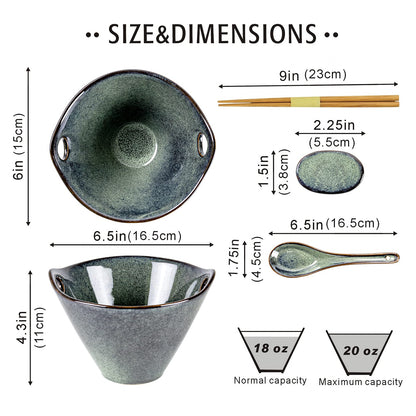 UNICASA Japanese Ramen Bowl Set with Chopsticks, Spoons and Rests, 20oz Deep Porcelain Noodle Bowl Set of 2 for Udon, Pho, Salad, Soup (Reactive Green)
