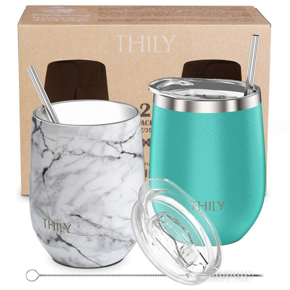 THILY Stainless Steel Stemless Wine Glasses 12 oz Vacuum Insulated Wine Tumbler with Lid and Straw, Reusable, Keep Cold & Hot for Drinks, Coffee, Cocktails, 2 Pack(Teal + Marble)