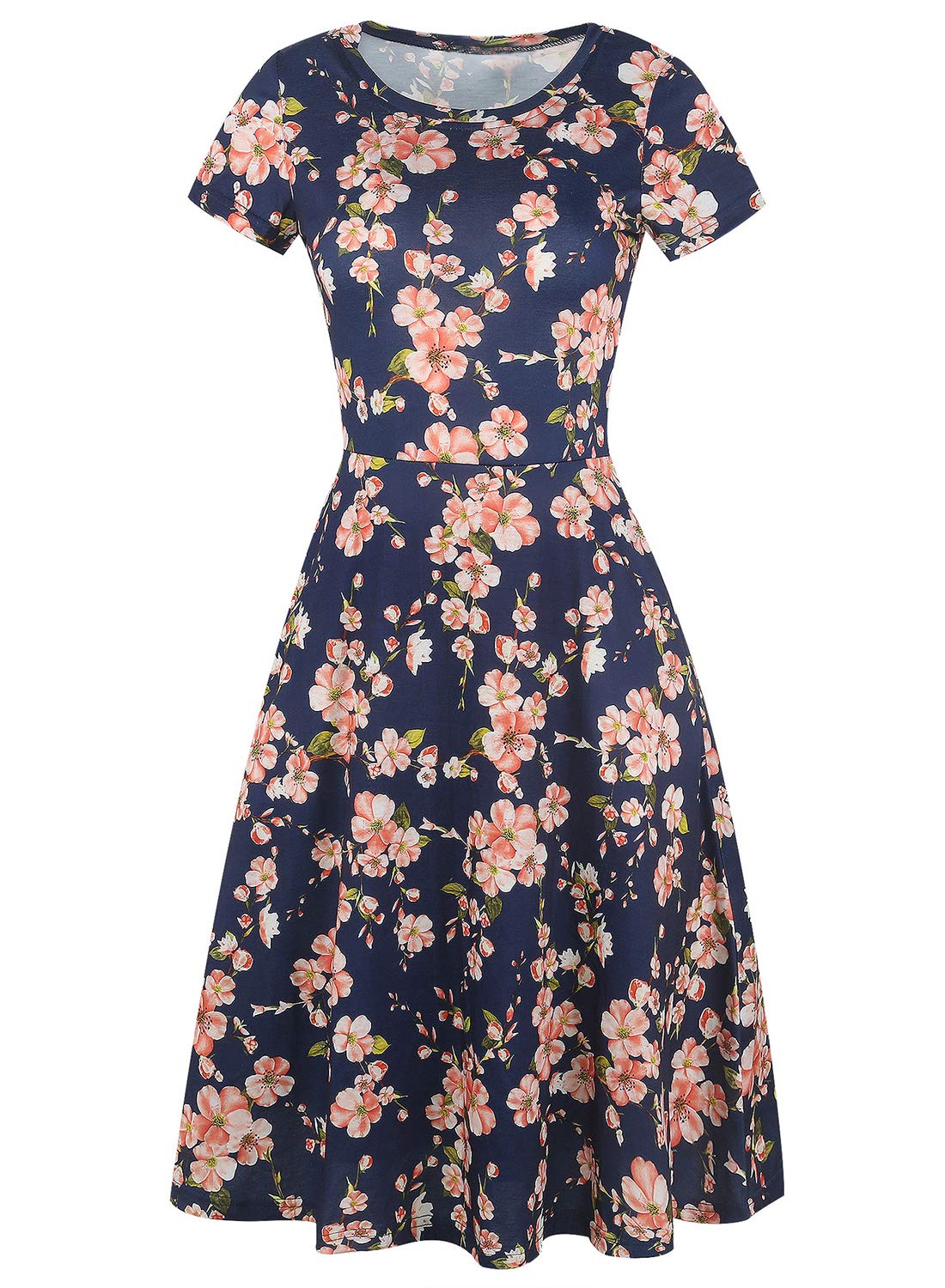 Prime Wardrobe Womens Clothing Vintage Beautiful Casual Short Sleeve Ladies Floral Fit Flare Party Cocktail Aline Swing Dress 162 (M, Navy)