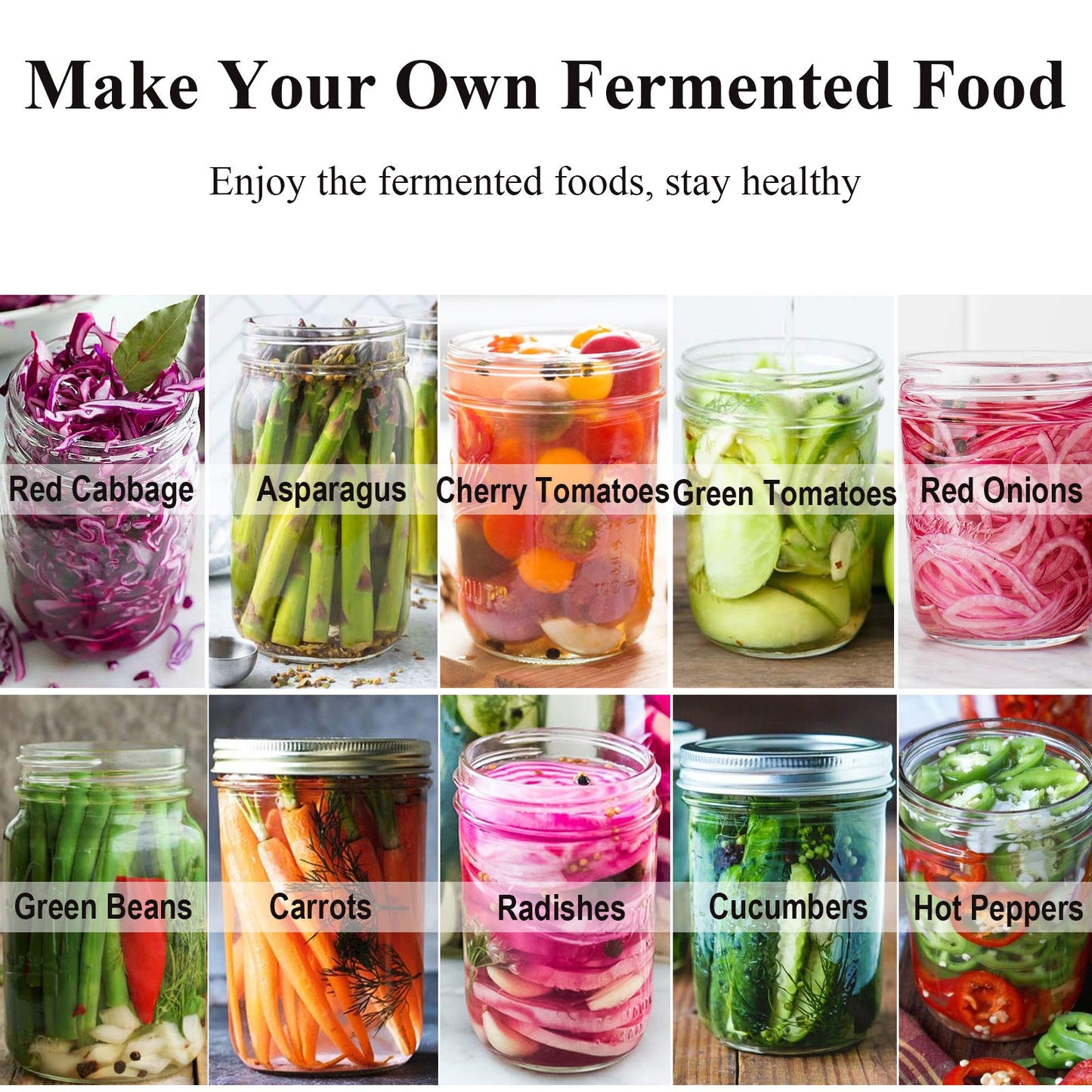 Fermentation Lids, 6 Set Fermentation Kit for Wide Mouth Jars, 6 Stainless Steel Fermenting Lids with 6 Silicone Grommets, 6 Airlocks, 6 Silicone Rings(Jars Not Included)