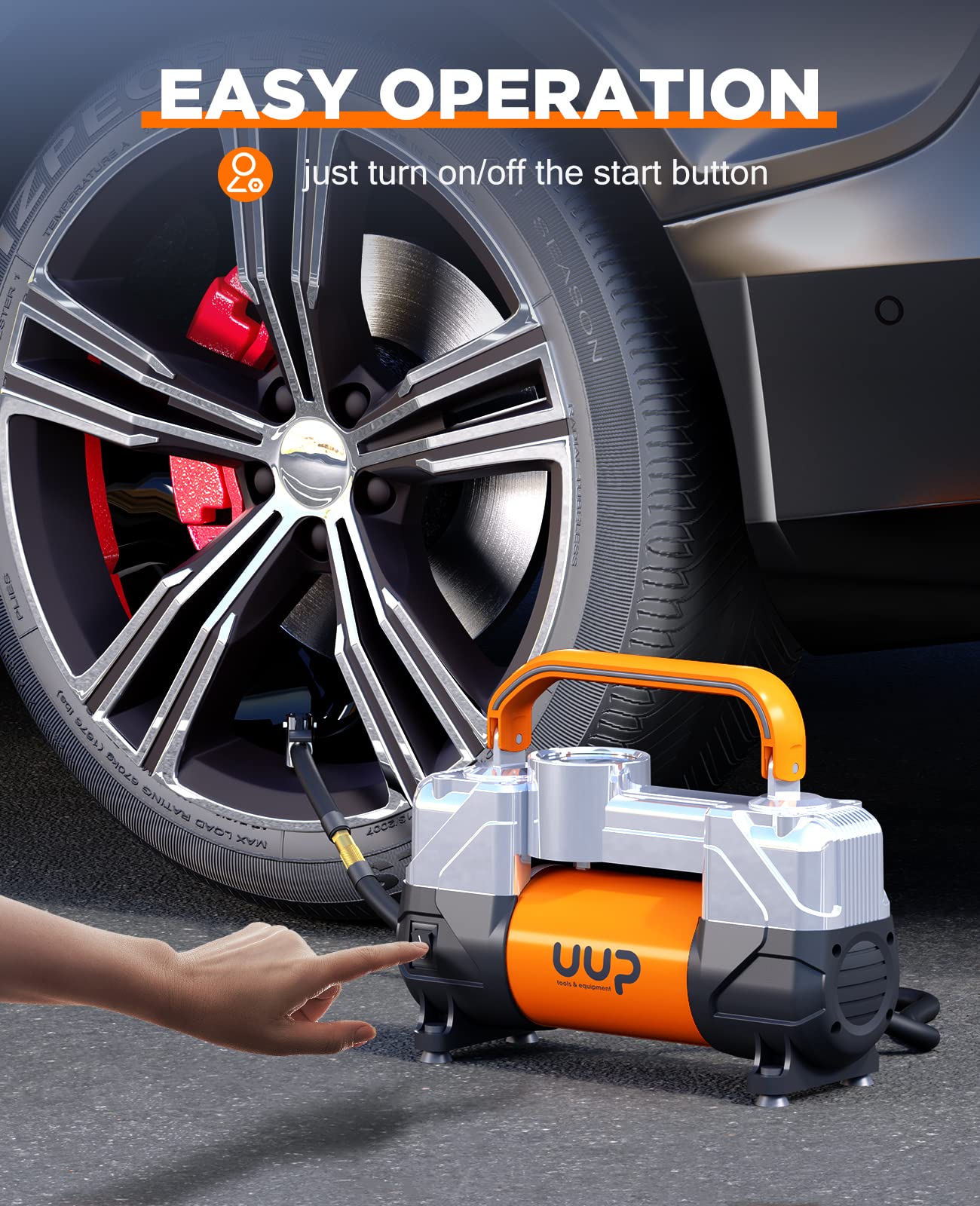 UUP Tire Inflator Air Compressor, 150PSI 12V DC Double Cylinders Heavy Duty Portable Air Pump w/Emergency LED Light for Truck, SUV, Car, RV
