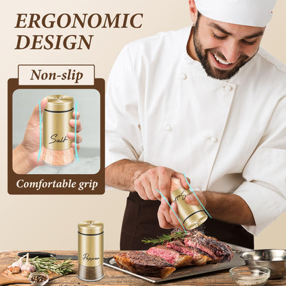 Gold Salt and Pepper Shakers Set, 5 oz Modern Farmhouse Kitchen Decor and Accessories for Restaurant, Wedding, Housewarming Gifts Refillable Design (Gold)