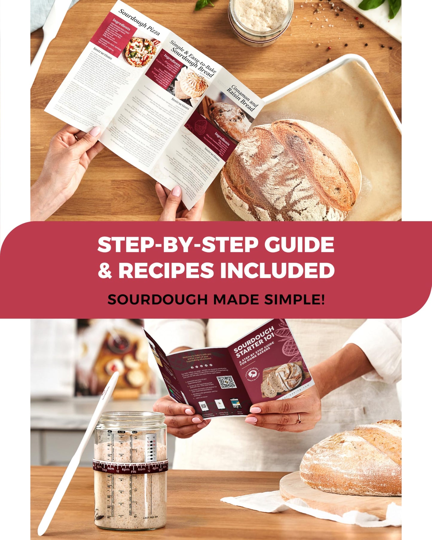 Superbaking Sourdough Starter Jar, Beginner Sourdough Starter Kit, 34oz Wide Mouth Sour Dough Glass Jar with Guides & Recipes, Sourdough Bread Baking Supplies, Sourdough Container Crock