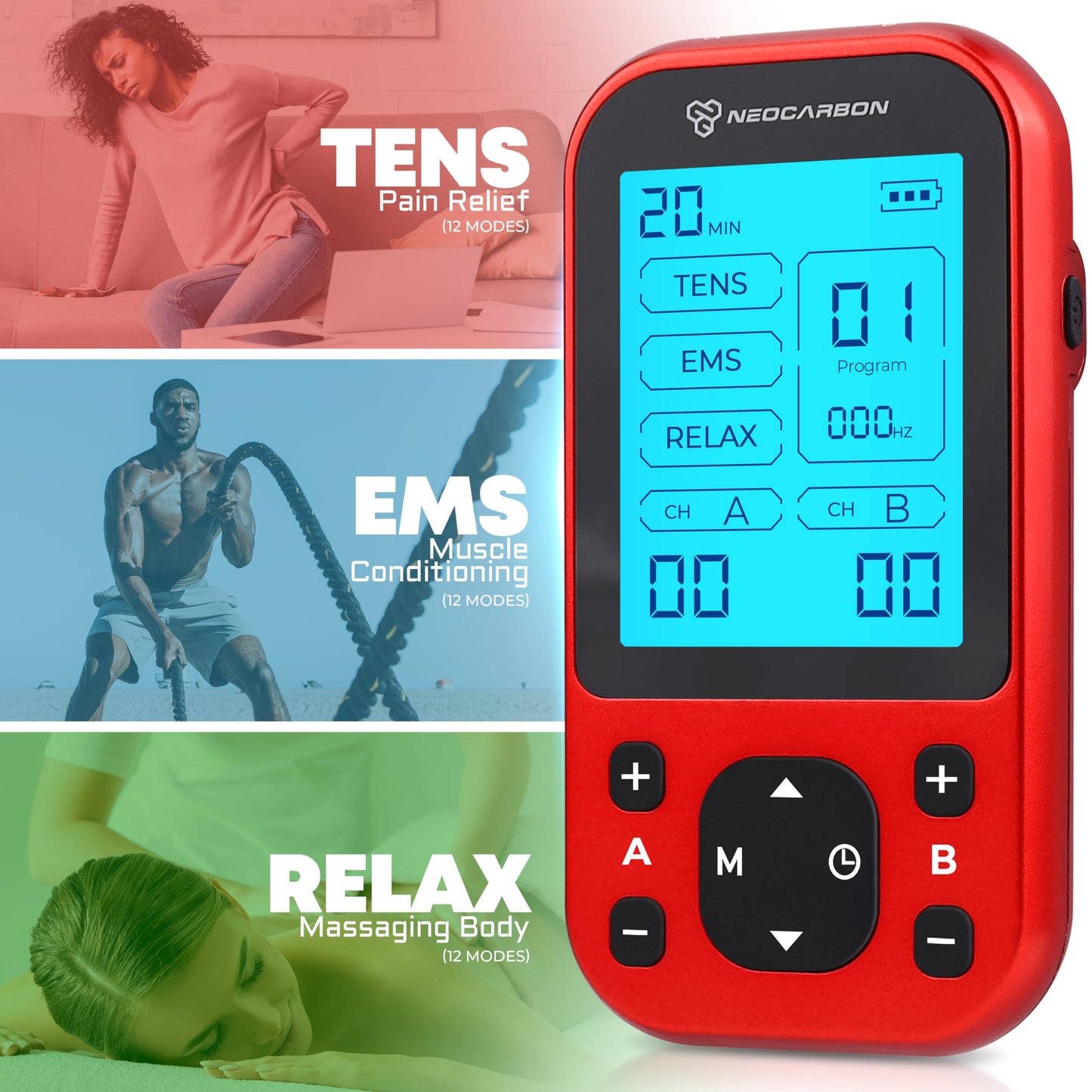 TENS Unit Muscle Stimulator Pro for Back Pain Relief, Shoulder Recovery and Physical Therapy, Electronic EMS Massager Machine with PMS Pulse for Effective Shock Therapy, Red