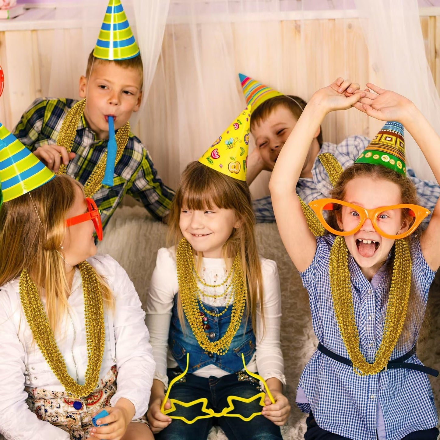 Gold Bead Necklace, 24PCS Christmas Bead Necklaces Stuff, 33" Mardi Gras Xmas Beaded Necklace Costume, Festival Parade Throw Accessories for Wedding Birthday Pirate Party Baby Shower Supplies Decor